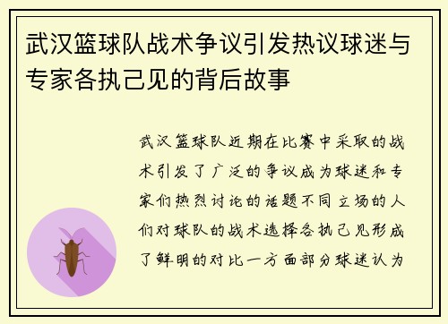 武汉篮球队战术争议引发热议球迷与专家各执己见的背后故事