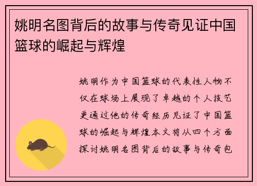 姚明名图背后的故事与传奇见证中国篮球的崛起与辉煌